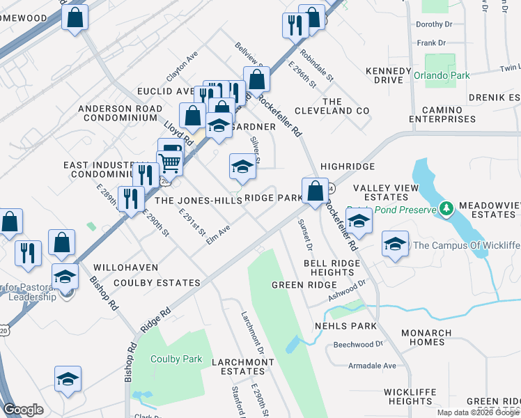 map of restaurants, bars, coffee shops, grocery stores, and more near 112 Arlington Circle in Wickliffe