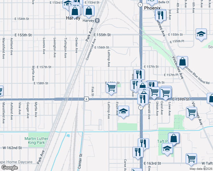 map of restaurants, bars, coffee shops, grocery stores, and more near 15803 Willard Avenue in Harvey