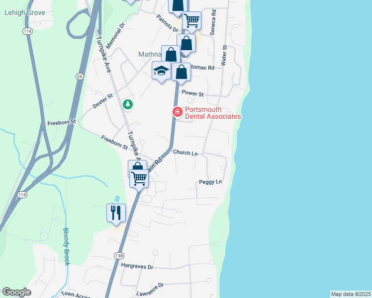map of restaurants, bars, coffee shops, grocery stores, and more near 26 Church Lane in Portsmouth