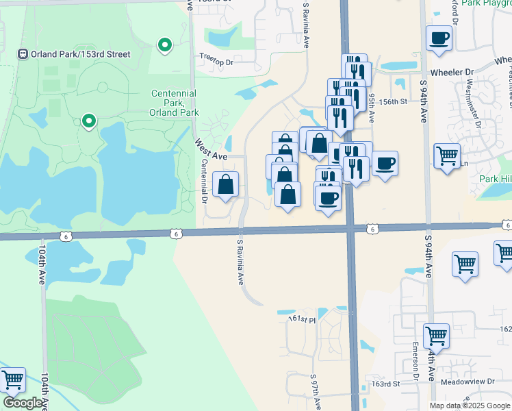 map of restaurants, bars, coffee shops, grocery stores, and more near 15743 South Ravinia Avenue in Orland Park
