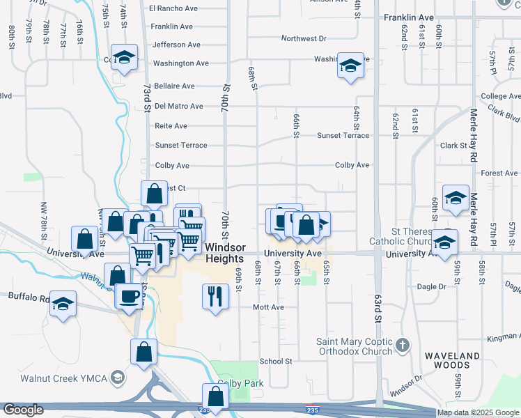 map of restaurants, bars, coffee shops, grocery stores, and more near 6722 Elmcrest Drive in Windsor Heights