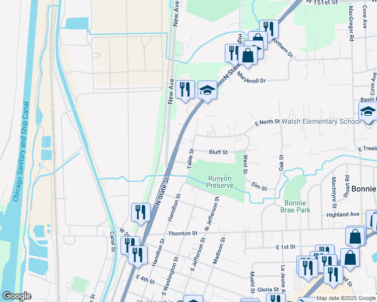 map of restaurants, bars, coffee shops, grocery stores, and more near 425 Table Street in Lockport