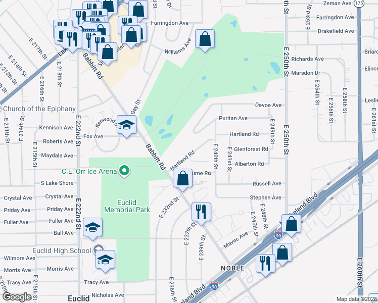 map of restaurants, bars, coffee shops, grocery stores, and more near 23701 Hartland Road in Euclid