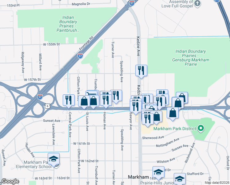 map of restaurants, bars, coffee shops, grocery stores, and more near 15802 Spaulding Avenue in Markham