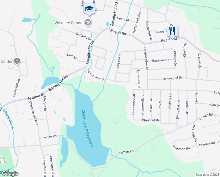 map of restaurants, bars, coffee shops, grocery stores, and more near 16 Oakengate Road in Wolcott