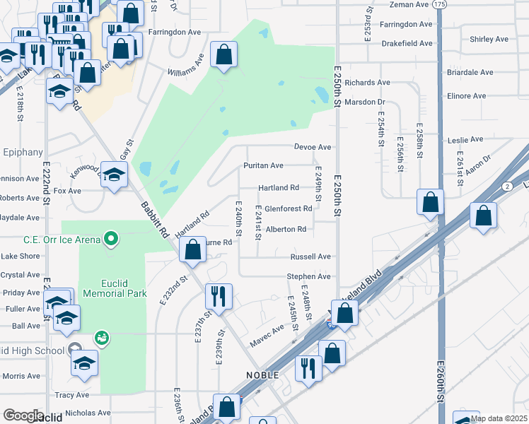 map of restaurants, bars, coffee shops, grocery stores, and more near 24270 Glenforest Road in Euclid