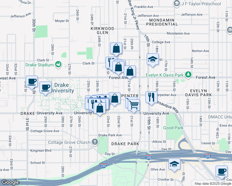 map of restaurants, bars, coffee shops, grocery stores, and more near 1325 22nd Street in Des Moines