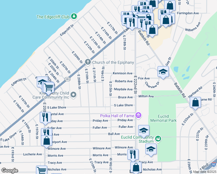 map of restaurants, bars, coffee shops, grocery stores, and more near 366 East 215th Street in Euclid
