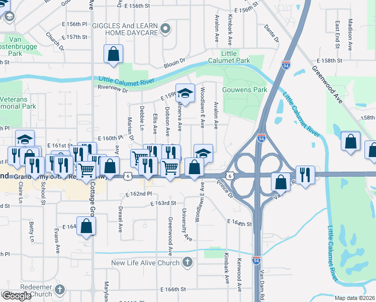 map of restaurants, bars, coffee shops, grocery stores, and more near 16112 University Avenue in South Holland