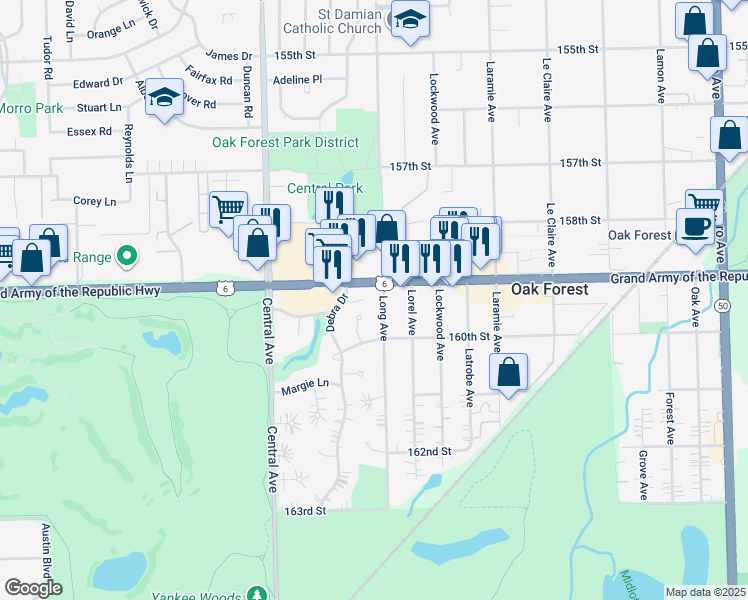map of restaurants, bars, coffee shops, grocery stores, and more near 15910 Long Avenue in Oak Forest