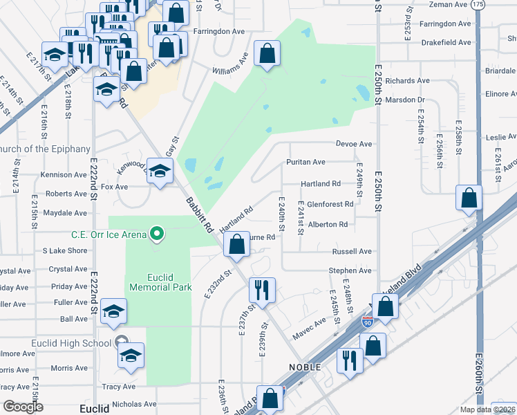 map of restaurants, bars, coffee shops, grocery stores, and more near 23760 Hartland Road in Euclid