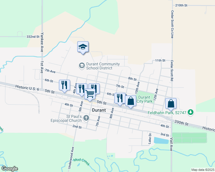 map of restaurants, bars, coffee shops, grocery stores, and more near 701 7th Street in Durant