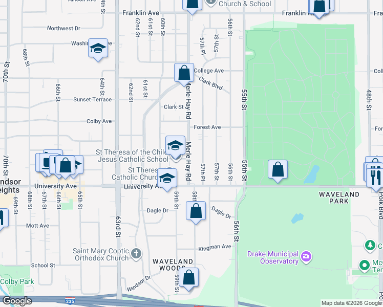 map of restaurants, bars, coffee shops, grocery stores, and more near 1305 Merle Hay Rd in Des Moines