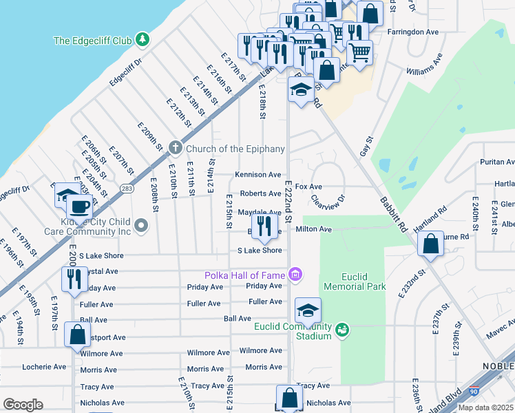map of restaurants, bars, coffee shops, grocery stores, and more near 21631 Maydale Avenue in Euclid