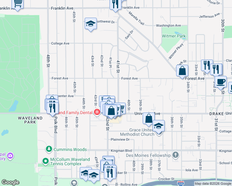 map of restaurants, bars, coffee shops, grocery stores, and more near 1306 41st Street in Des Moines