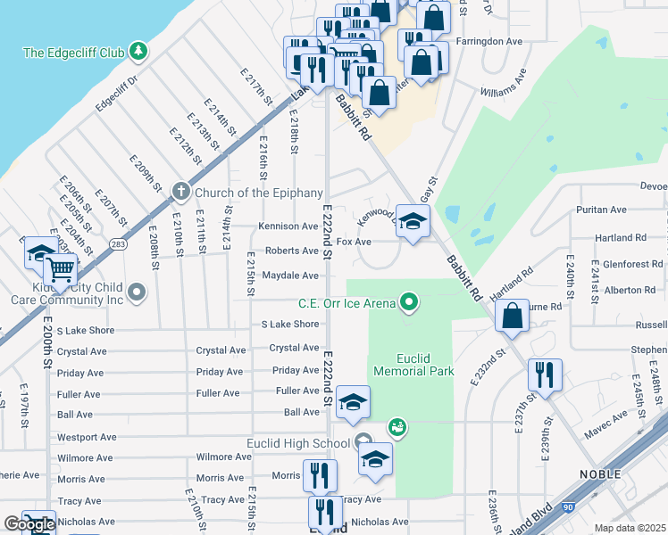 map of restaurants, bars, coffee shops, grocery stores, and more near 461 East 222nd Street in Euclid