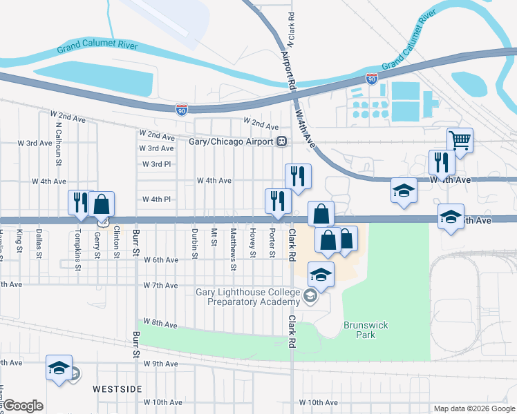 map of restaurants, bars, coffee shops, grocery stores, and more near 463 Hovey Street in Gary