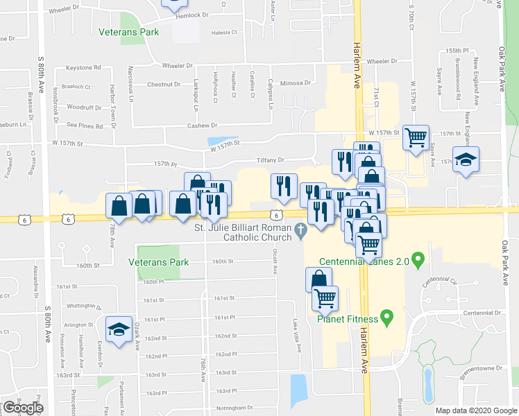 map of restaurants, bars, coffee shops, grocery stores, and more near 7412 West 159th Street in Orland Park