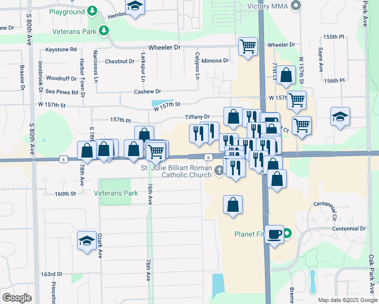map of restaurants, bars, coffee shops, grocery stores, and more near 7412 West 159th Street in Orland Park