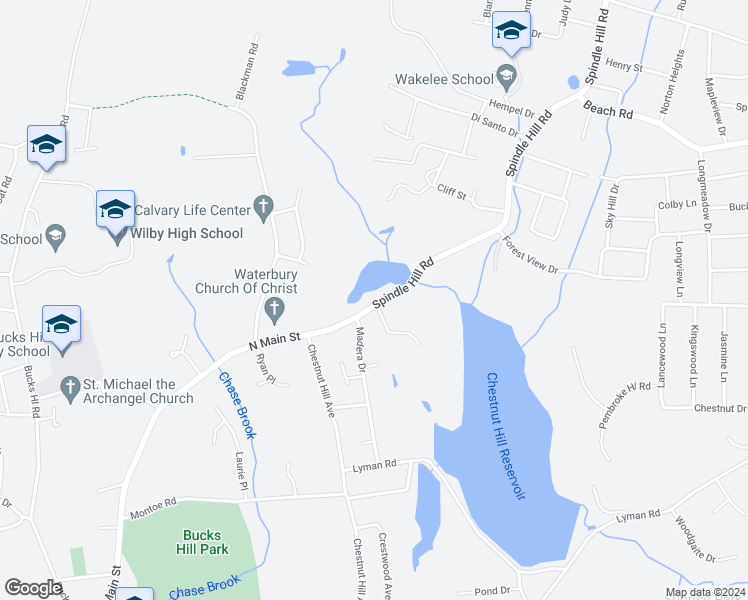 map of restaurants, bars, coffee shops, grocery stores, and more near 15 Spindle Hill Road in Wolcott