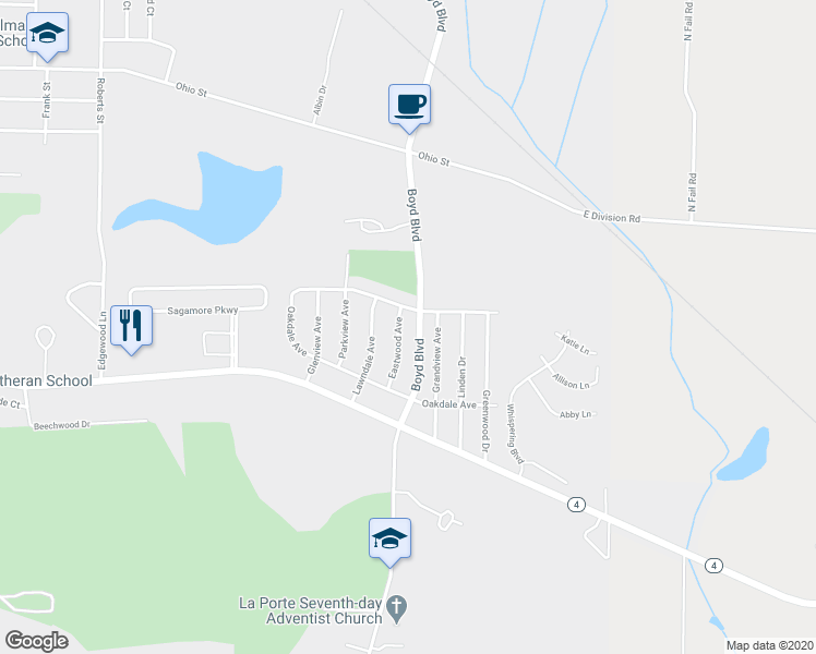 map of restaurants, bars, coffee shops, grocery stores, and more near 121 Eastwood Avenue in La Porte