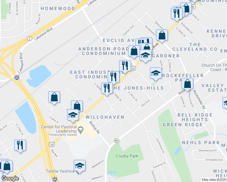 map of restaurants, bars, coffee shops, grocery stores, and more near 29000 Euclid Avenue in Wickliffe