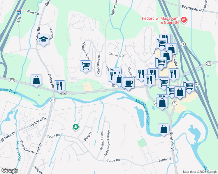 map of restaurants, bars, coffee shops, grocery stores, and more near 3 Country Squire Drive in Cromwell