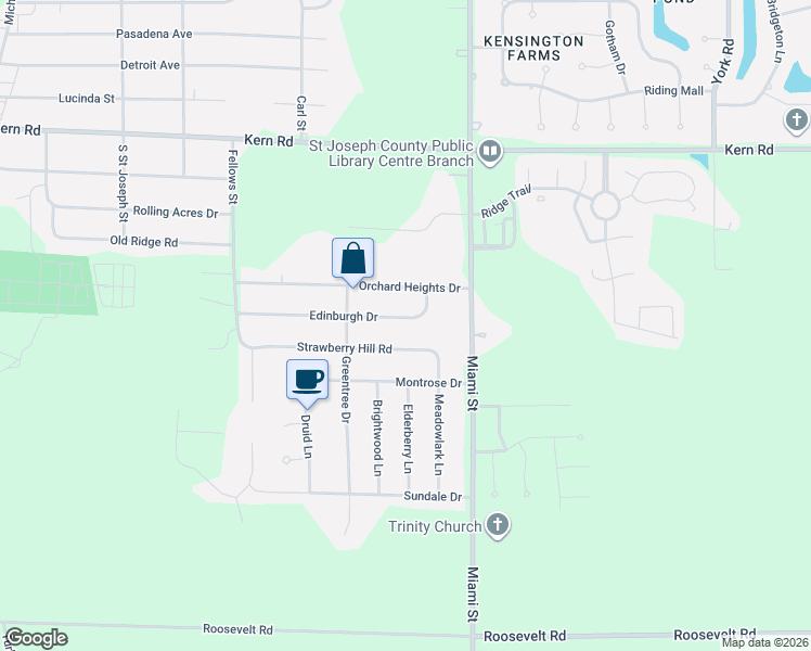 map of restaurants, bars, coffee shops, grocery stores, and more near 19112 Edinburgh Drive in South Bend