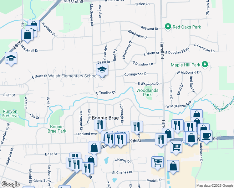 map of restaurants, bars, coffee shops, grocery stores, and more near 1125 East Treeline Drive in Lockport