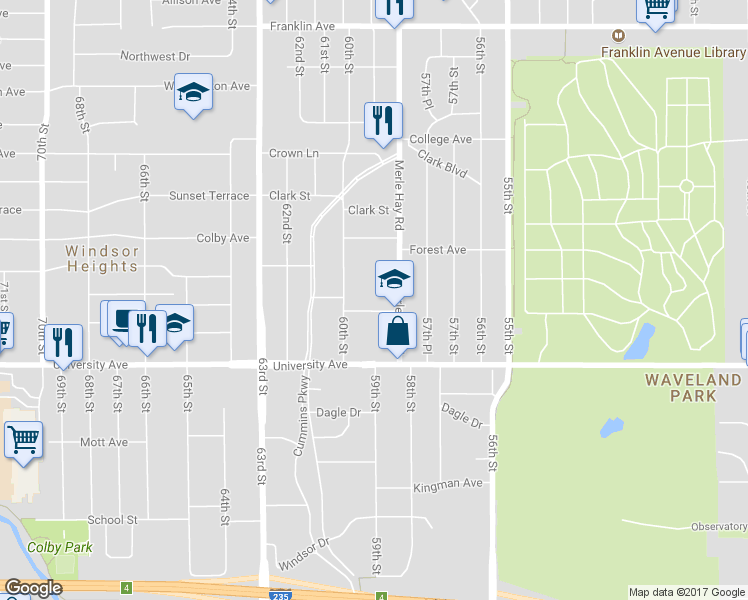 map of restaurants, bars, coffee shops, grocery stores, and more near 5823 Carpenter Avenue in Des Moines