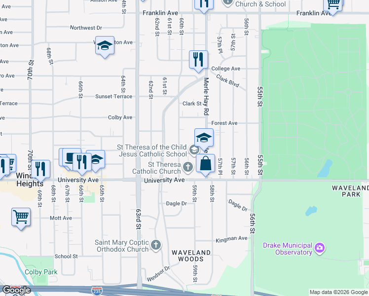 map of restaurants, bars, coffee shops, grocery stores, and more near 5823 Carpenter Avenue in Des Moines