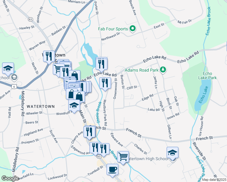 map of restaurants, bars, coffee shops, grocery stores, and more near 44 Greenwood Street in Watertown