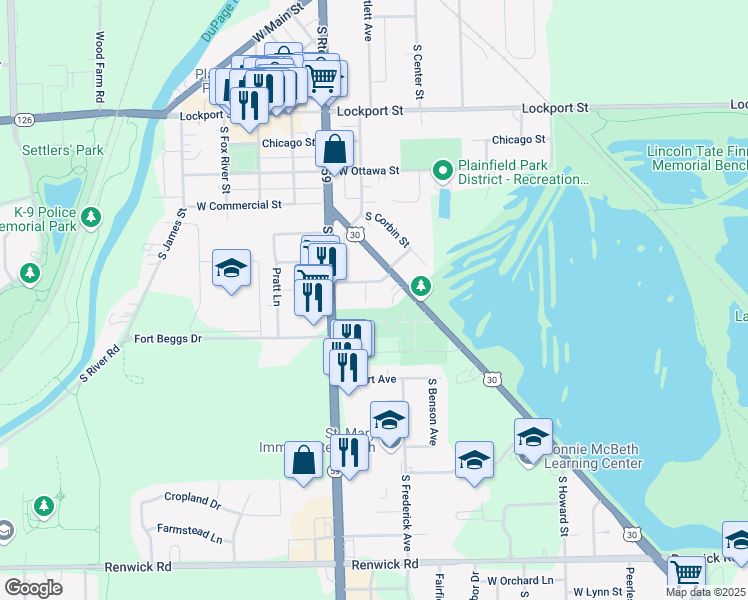 map of restaurants, bars, coffee shops, grocery stores, and more near 15409 South Union Place in Plainfield