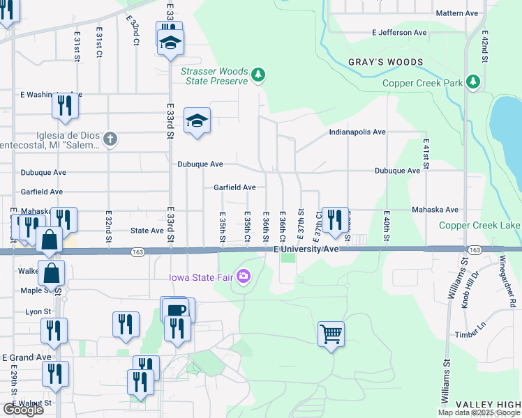 map of restaurants, bars, coffee shops, grocery stores, and more near 1252 East 36th Street in Des Moines