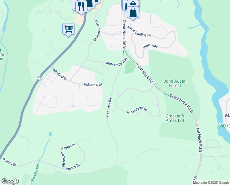 map of restaurants, bars, coffee shops, grocery stores, and more near 8 Bearberry Circle in Mashpee