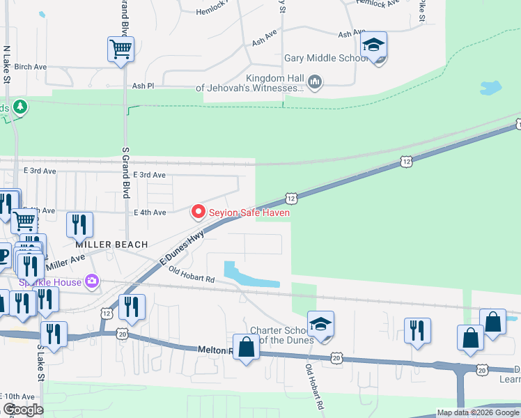 map of restaurants, bars, coffee shops, grocery stores, and more near 6924 East Dunes Highway in Gary