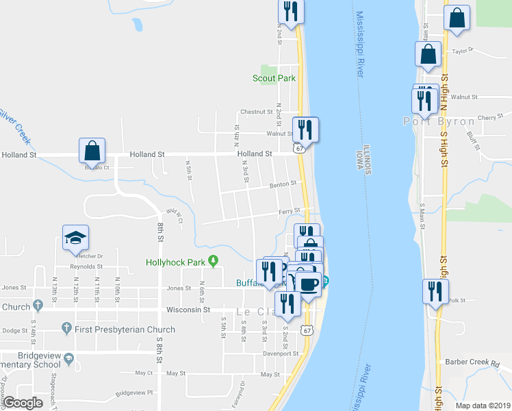 map of restaurants, bars, coffee shops, grocery stores, and more near 517 North 3rd Street in Le Claire
