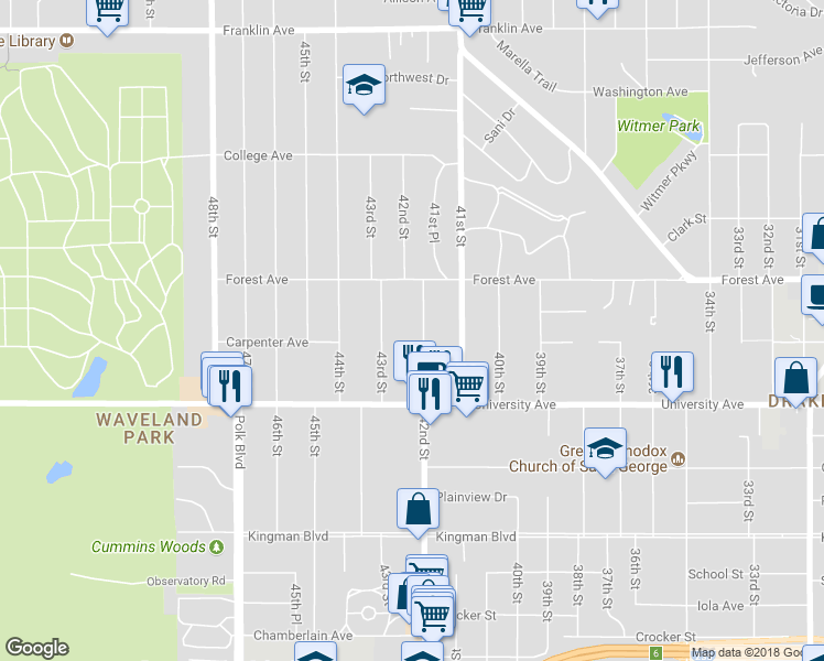map of restaurants, bars, coffee shops, grocery stores, and more near 1308 42nd St in Des Moines
