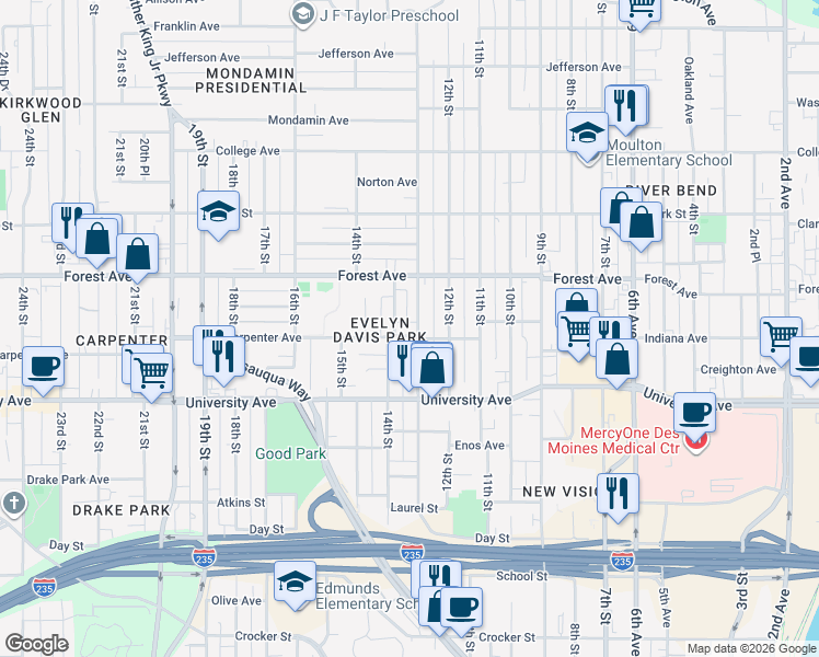 map of restaurants, bars, coffee shops, grocery stores, and more near 1306 13th St in Des Moines