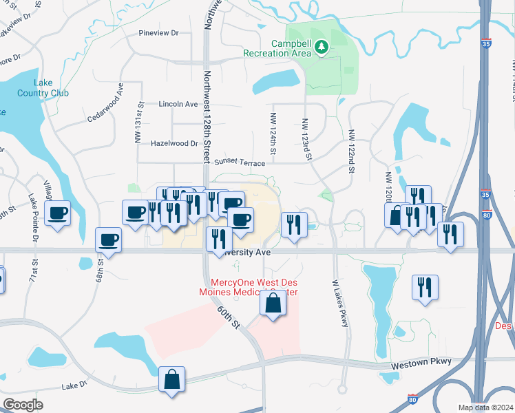 map of restaurants, bars, coffee shops, grocery stores, and more near 12499 University Avenue in Clive