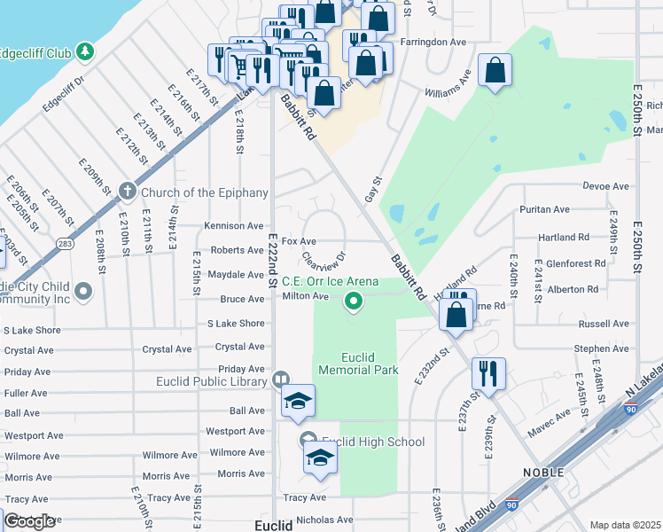 map of restaurants, bars, coffee shops, grocery stores, and more near 522 Clearview Drive in Euclid