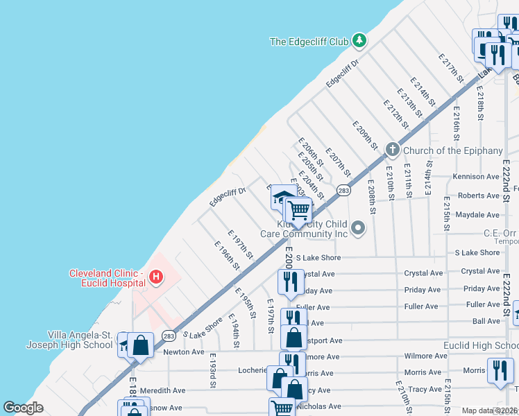 map of restaurants, bars, coffee shops, grocery stores, and more near 135 East 200th Street in Euclid