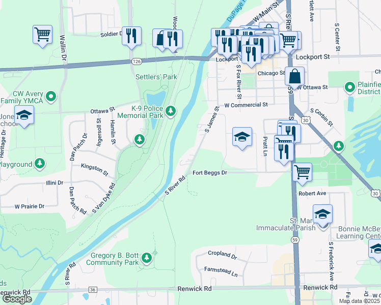 map of restaurants, bars, coffee shops, grocery stores, and more near 15412 South James Street in Plainfield