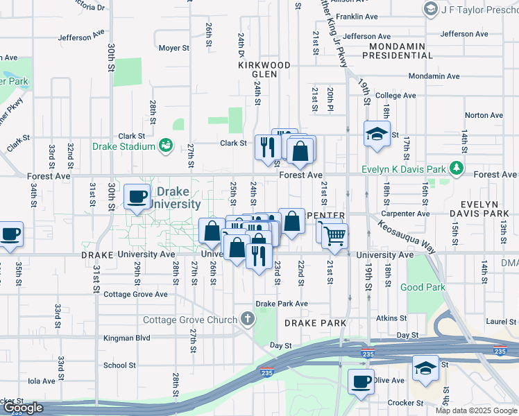 map of restaurants, bars, coffee shops, grocery stores, and more near 1323 24th Street in Des Moines