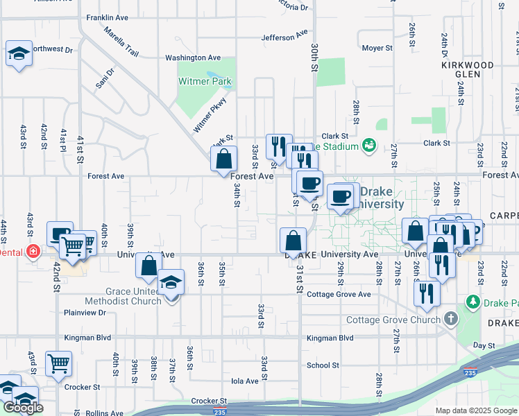 map of restaurants, bars, coffee shops, grocery stores, and more near 1307 33rd Street in Des Moines