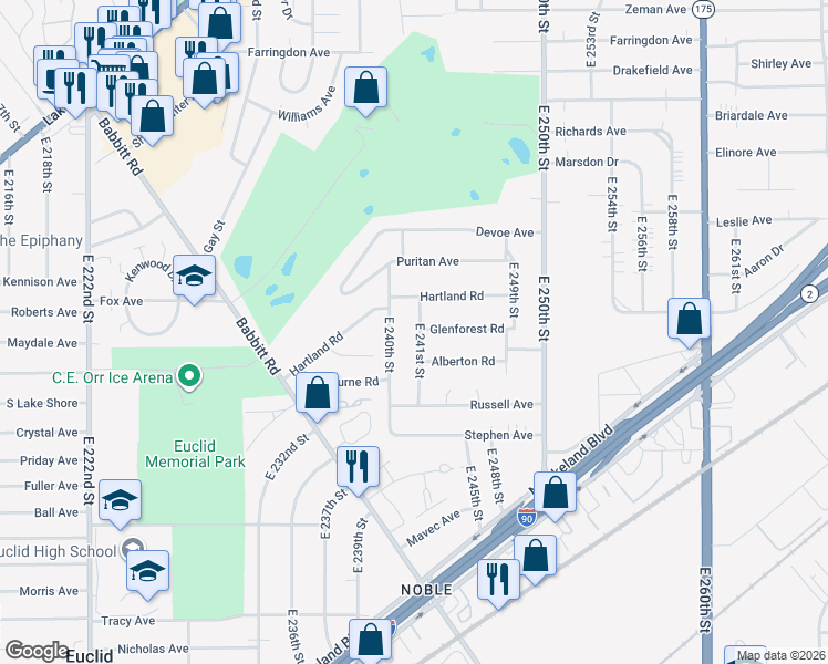 map of restaurants, bars, coffee shops, grocery stores, and more near 684 East 241st Street in Euclid