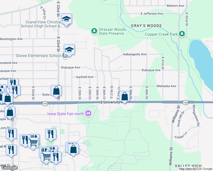 map of restaurants, bars, coffee shops, grocery stores, and more near 1251 E 36th Ct in Des Moines