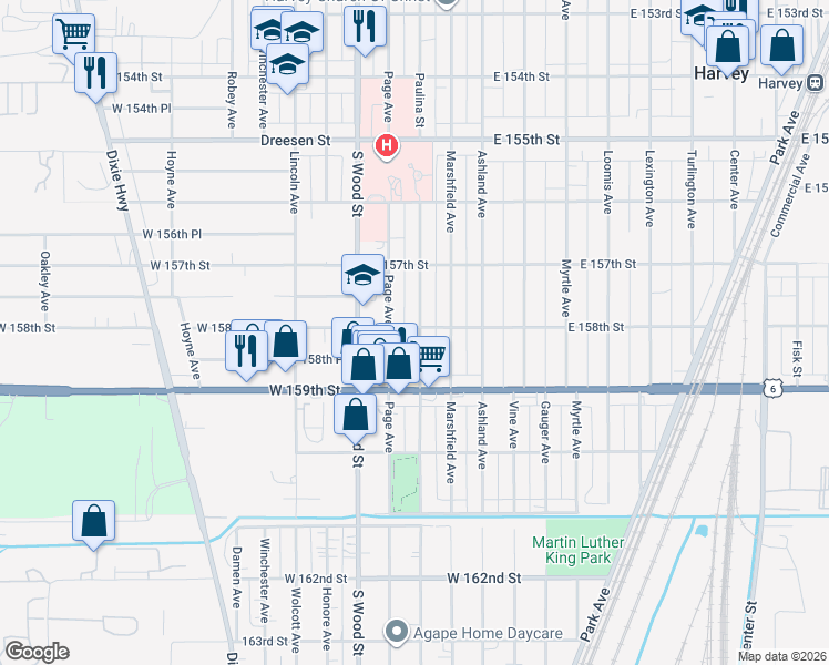 map of restaurants, bars, coffee shops, grocery stores, and more near 15800 Paulina Street in Harvey