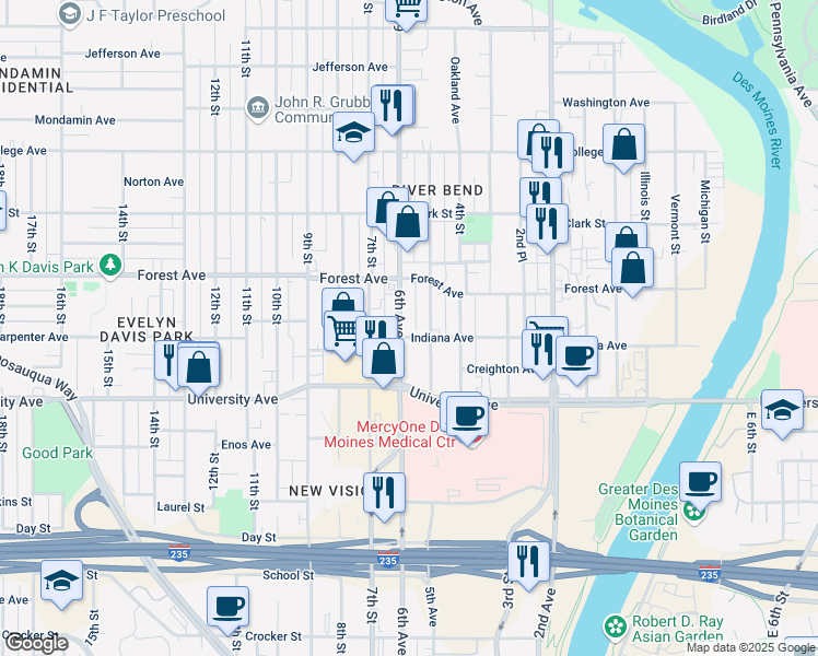 map of restaurants, bars, coffee shops, grocery stores, and more near 1305 6th Avenue in Des Moines