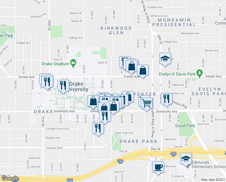 map of restaurants, bars, coffee shops, grocery stores, and more near 1323 24th Street in Des Moines